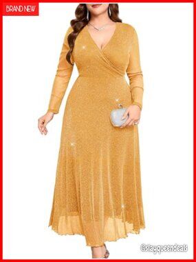 Plus Size Sparkly Glitter Mesh Maxi Dress V-Neck A-Line Long Sleeve